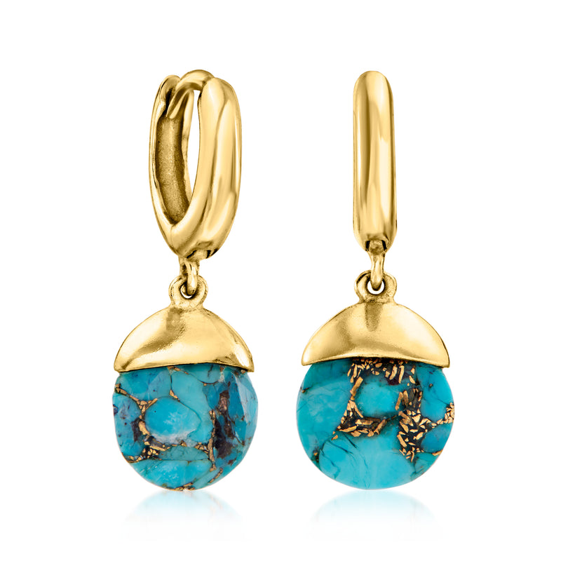 Turquoise round drop earrings with gold-tone hoops and gold caps