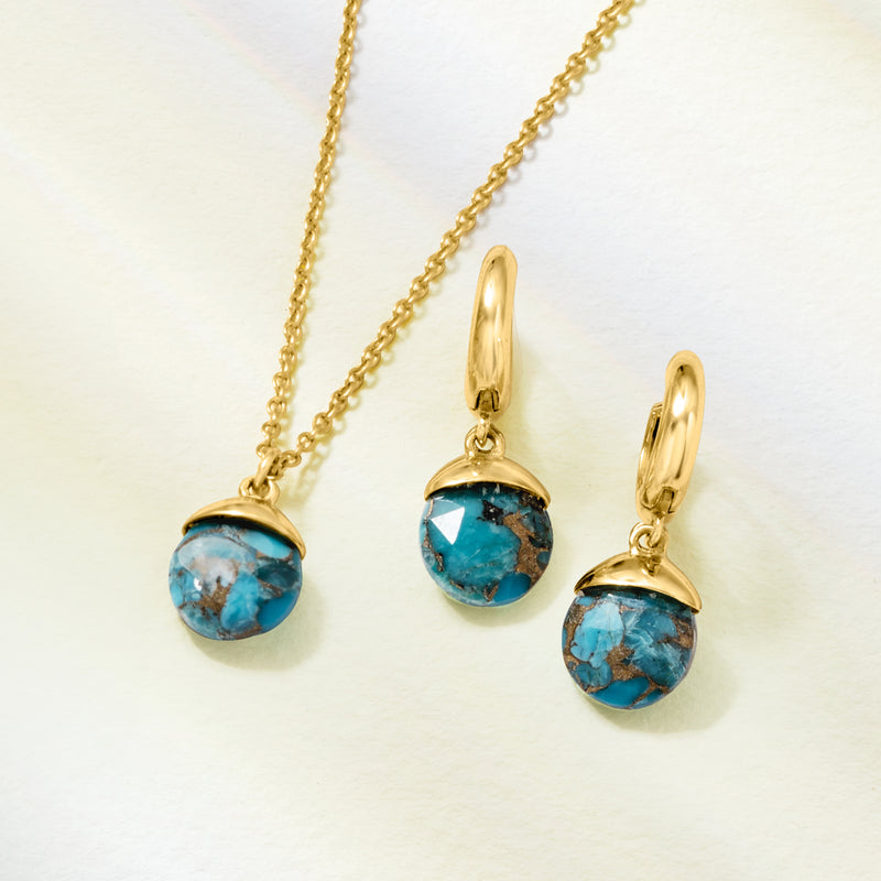 Turquoise round pendant necklace with gold-tone chain and drop earrings
