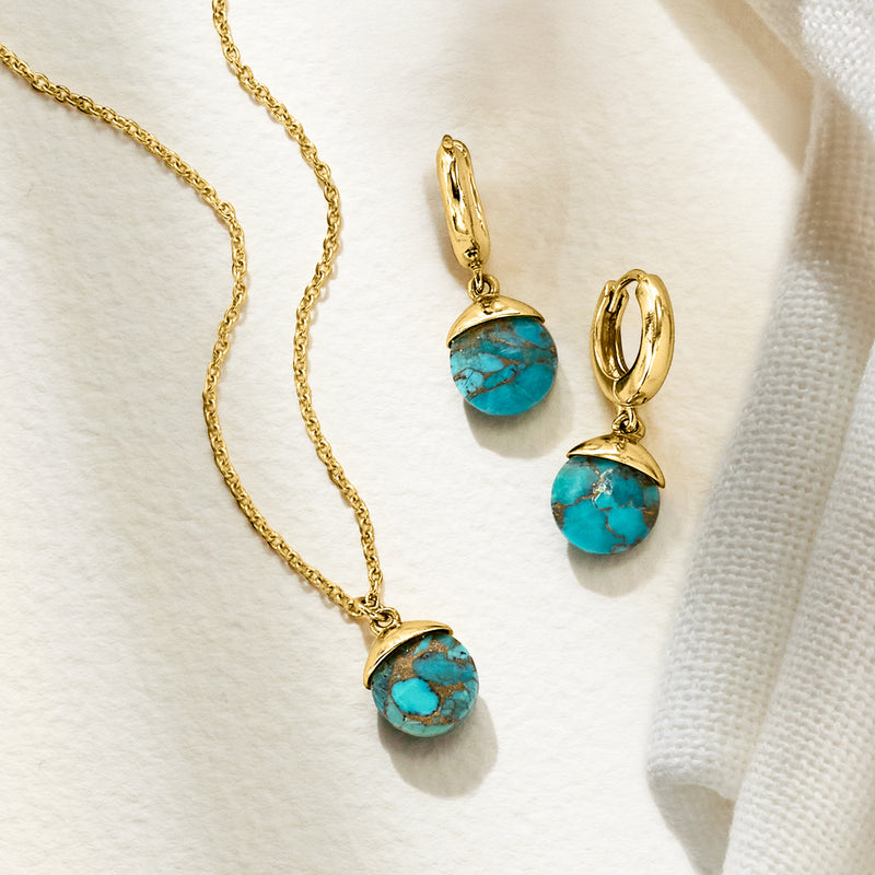 Turquoise round drop earrings and gold-tone necklace set, side view