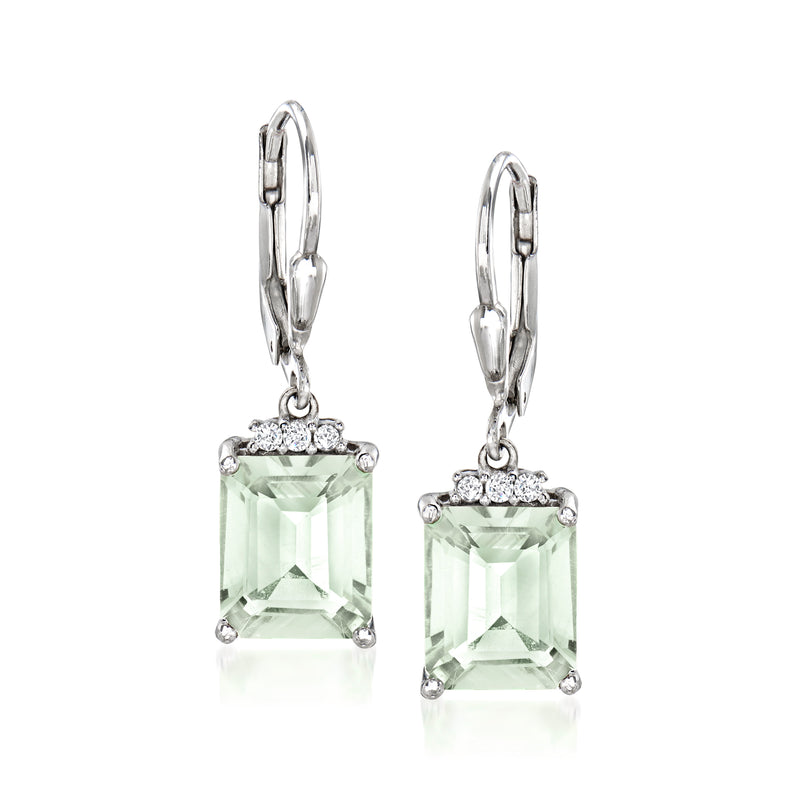 Sterling silver leverback drop earrings with square prasiolite and white topaz accents