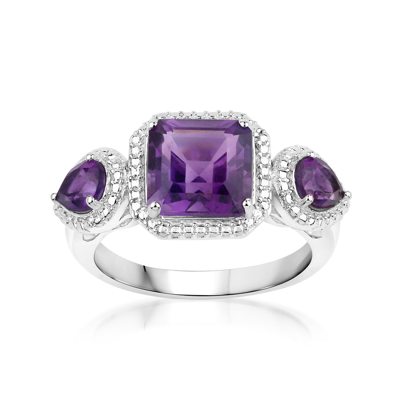 Sterling silver amethyst ring with square purple gemstone and halo, plus two oval side stones