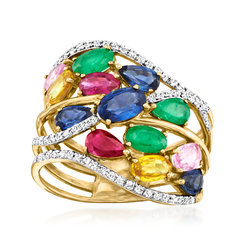14kt yellow gold ring with colorful gemstones and diamond accents