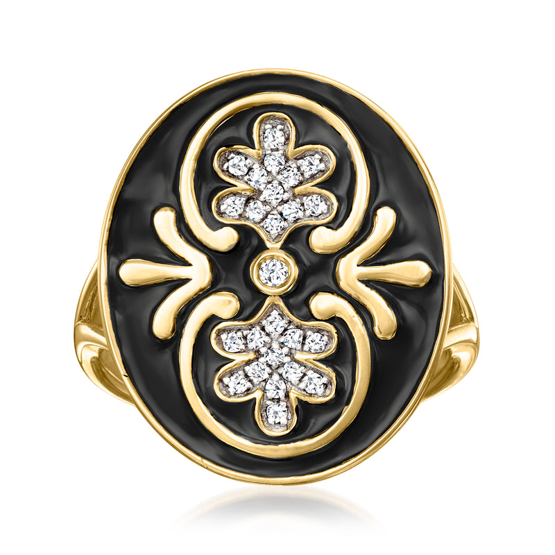18k gold over sterling oval black enamel ring with white flower-cluster stones