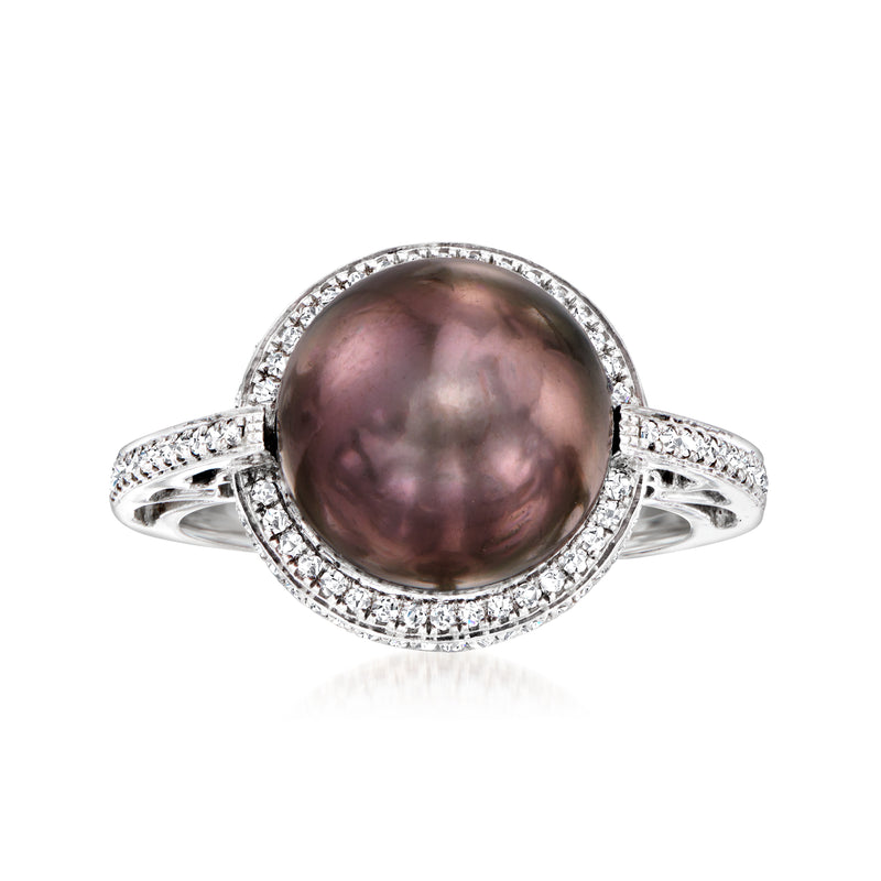 White gold ring with dark cultured pearl center and diamond halo, split prongs