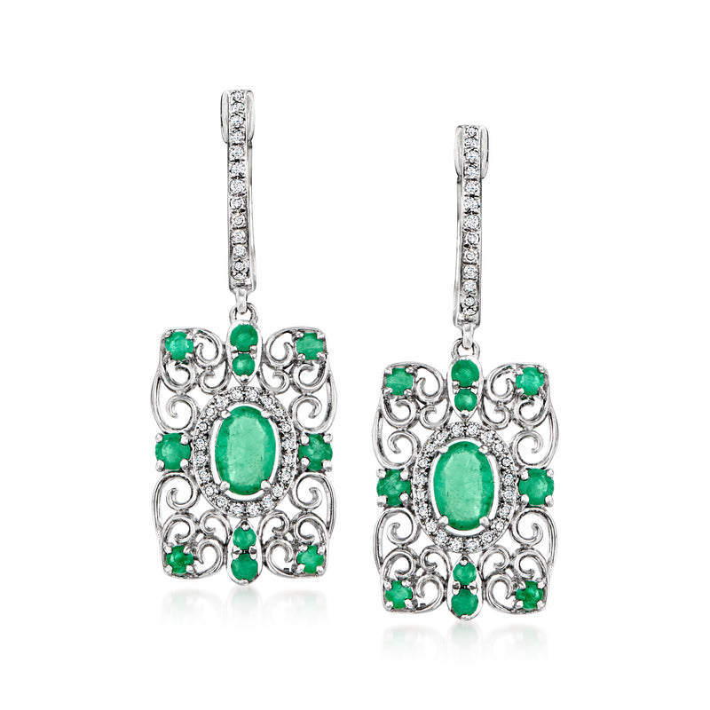 14kt white gold drop earrings with oval emerald center and green diamond accents