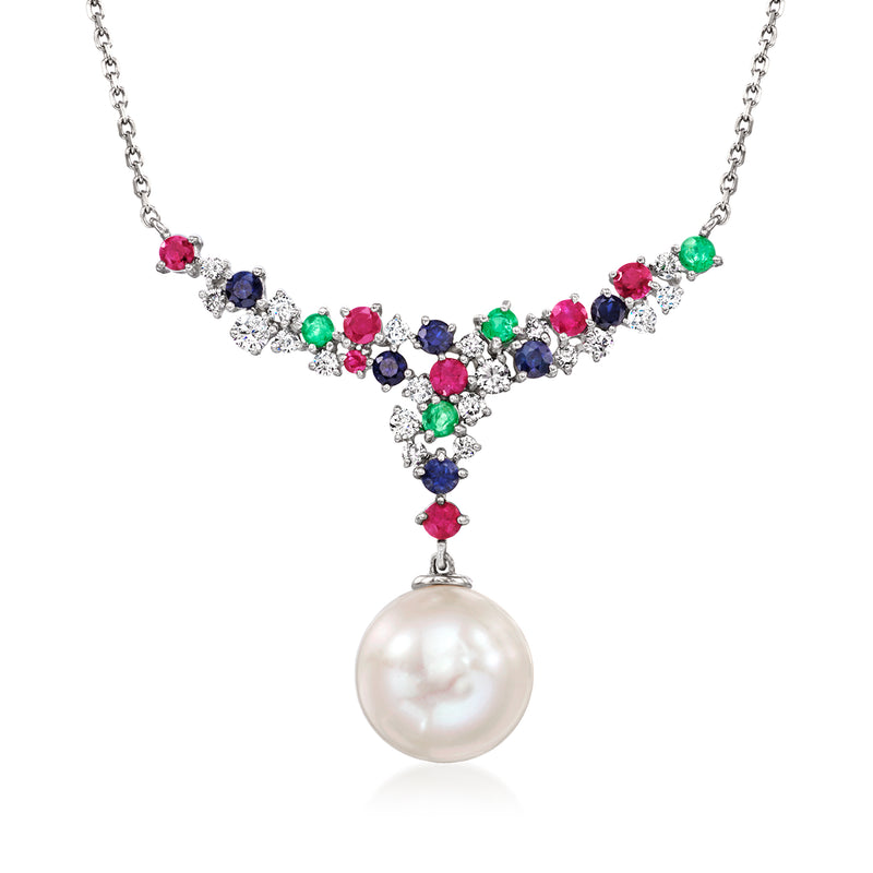 Multi-gemstone Y-necklace with diamond clusters and cultured pearl drop pendant
