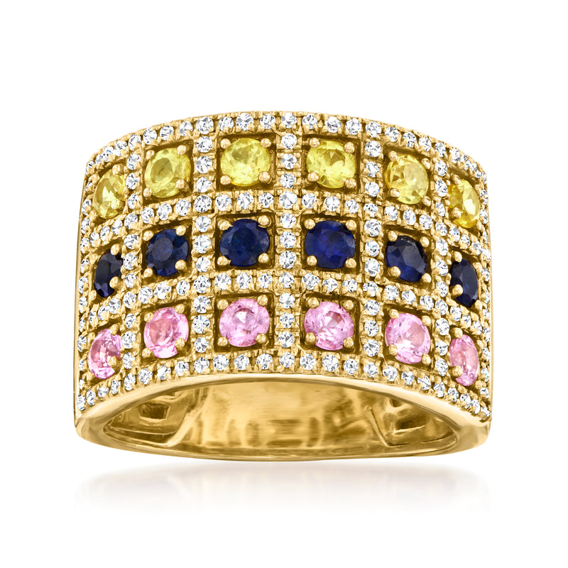 14kt yellow gold multicolored sapphire and diamond ring with pink, blue, yellow stones