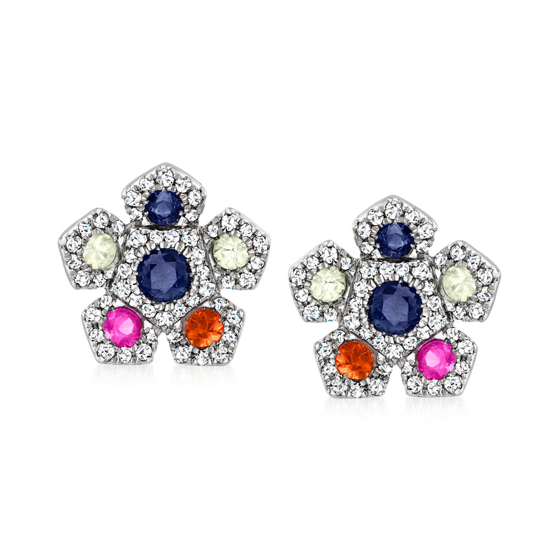 Multicolored sapphire flower stud earrings with diamond halos, 14kt white gold