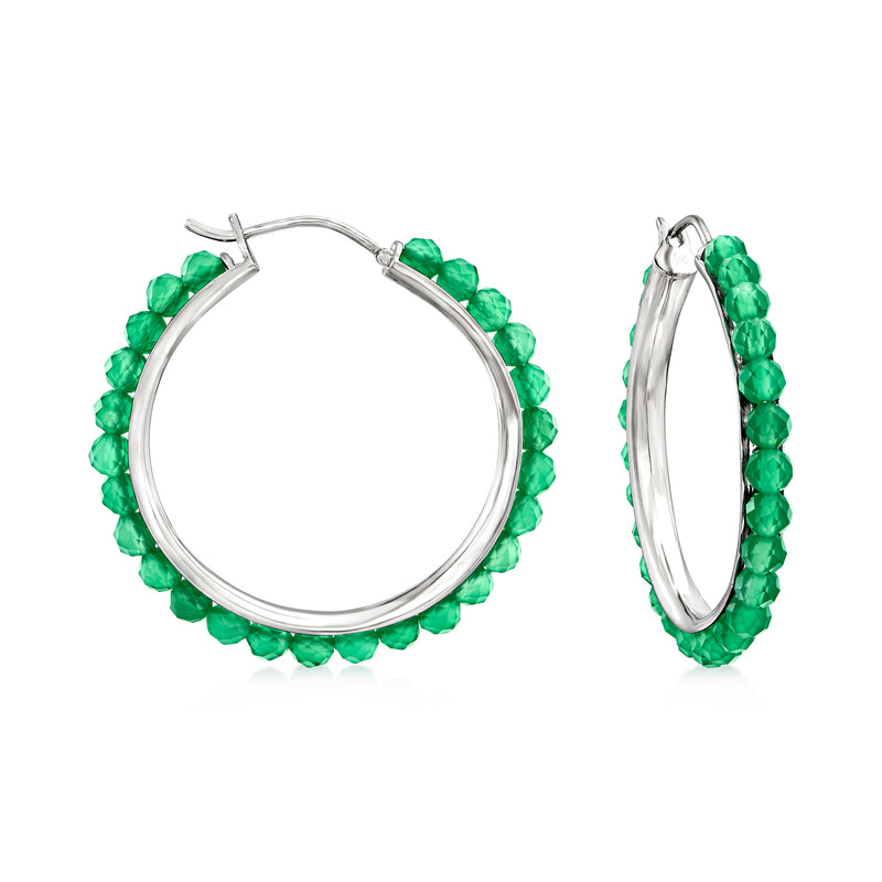 Sterling silver hoop earrings with 4mm green agate bead fringe