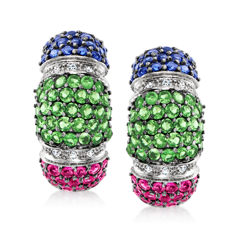 Multi-gemstone stud earrings with blue, green, and pink stones and diamond accents