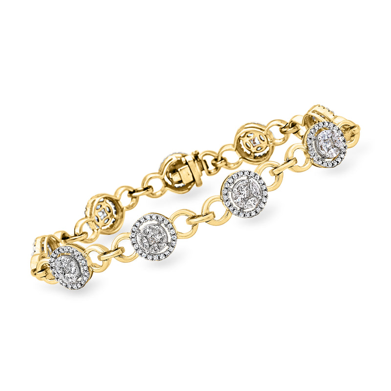 14kt yellow gold diamond link bracelet with round bezel-set stones, clasp at side