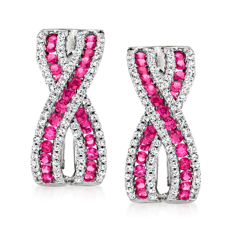 Crisscross ruby and diamond earrings in 14kt white gold, pink stones, post style
