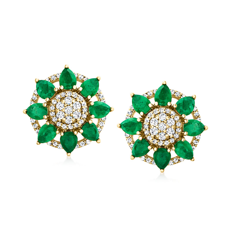 14kt yellow gold floral post earrings with green emerald teardrops and round diamond cluster