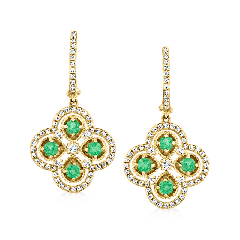 14kt yellow gold diamond and emerald drop earrings with four green stones in a quatrefoil