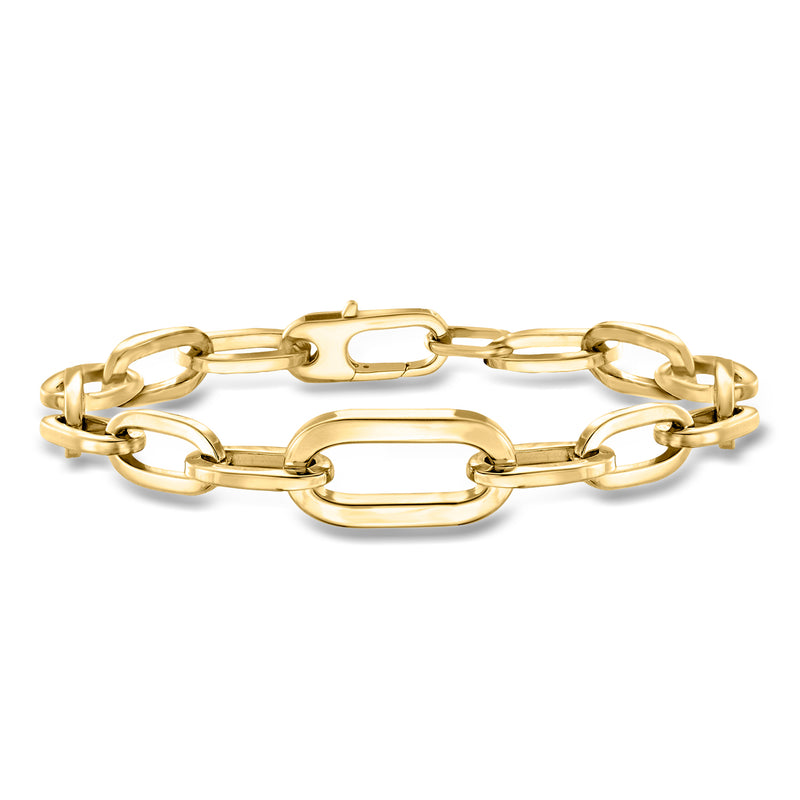 18kt yellow gold paper clip link bracelet with large station links and clasp