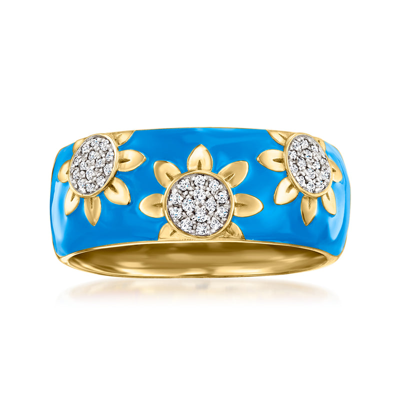 Blue enamel flower diamond ring with 18k gold over sterling, three round stone clusters