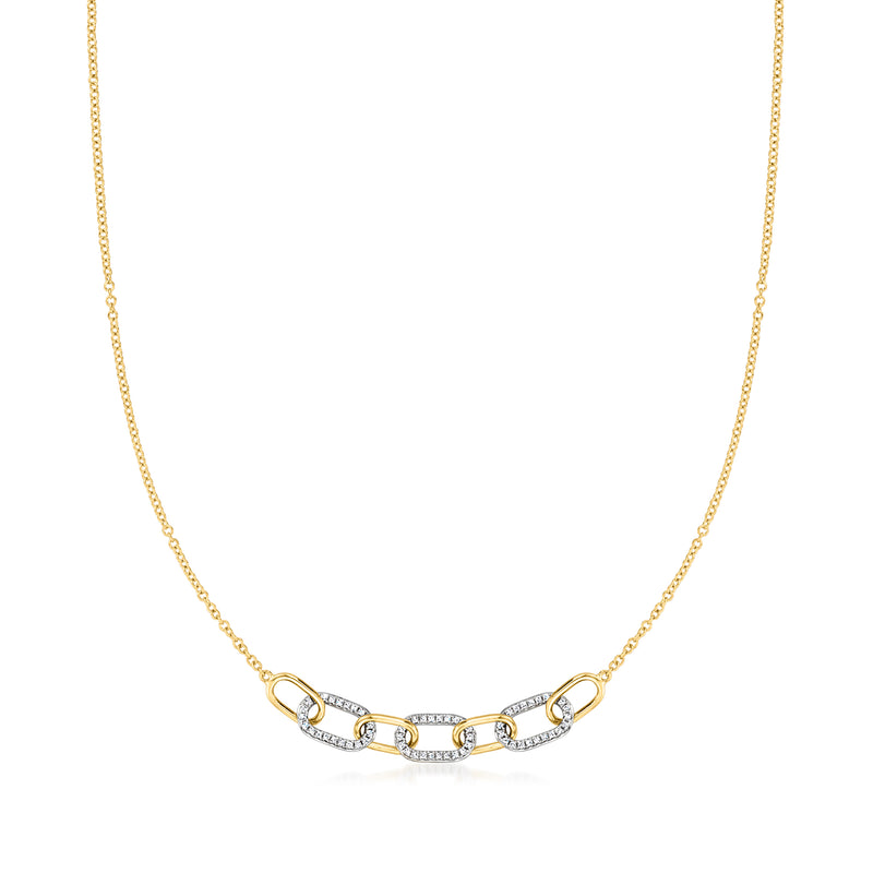 18kt yellow gold paper clip link diamond necklace, oval links with small round diamonds