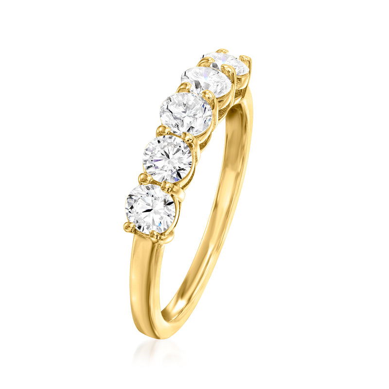 14kt yellow gold five-stone diamond ring, side view with prong-set round stones