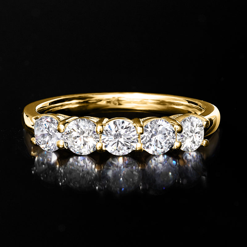 14kt yellow gold five-stone diamond ring, top view with prong-set round stones