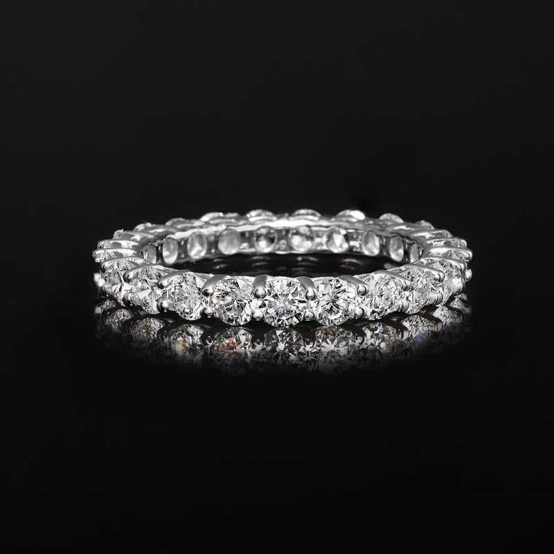 14kt white gold lab-grown diamond eternity band with rows of round stones and polished setting
