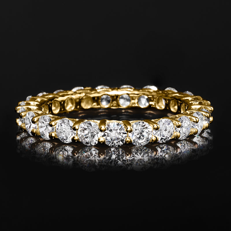14kt yellow gold eternity band with stacked rows of round prong-set diamonds