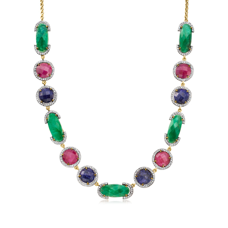 Oval multi-gemstone frame necklace in 18kt gold over sterling with link chain