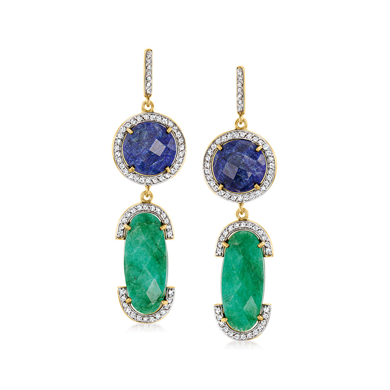 Gold-tone drop earrings with blue round and green oval gemstones in diamond halos