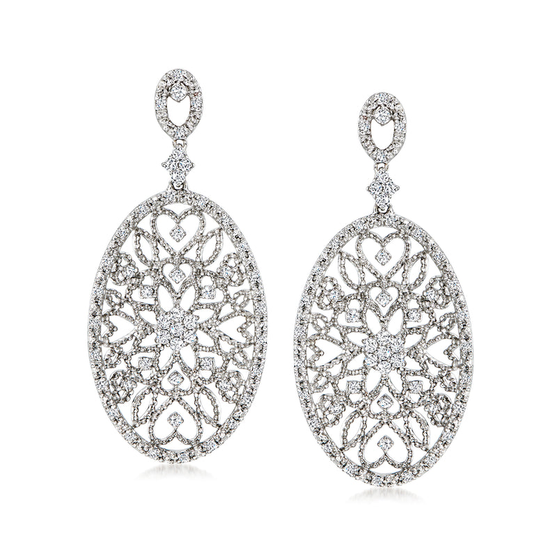 Diamond floral filigree drop earrings in 14kt white gold