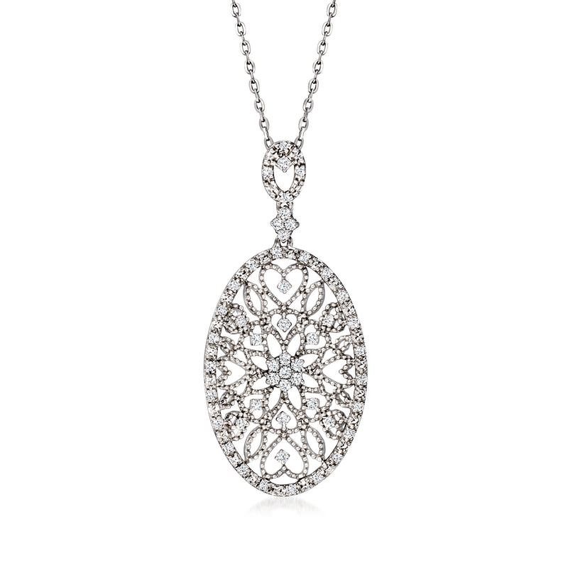 14kt white gold diamond floral filigree pendant necklace with teardrop pendant