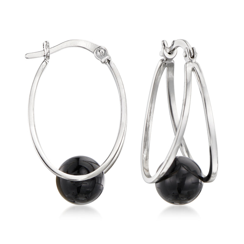 Sterling silver double-hoop earrings with black agate bead drops