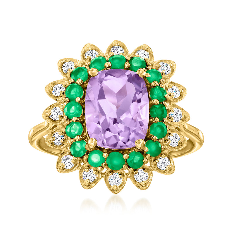 Gold-tone floral ring with large square-cut amethyst center, green chalcedony accents