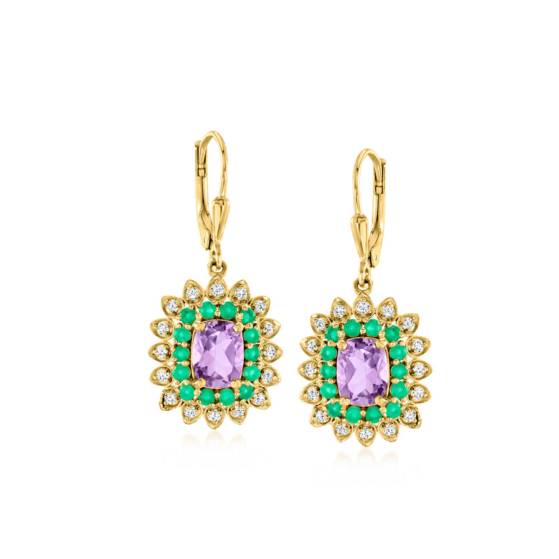 Gold floral drop earrings with purple amethyst center, green chalcedony, white accents, leverback