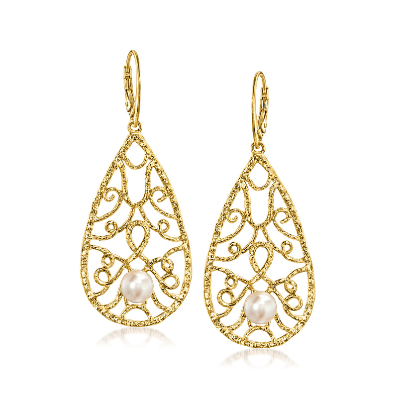 Gold-tone filigree teardrop leverback earrings with round pearl center