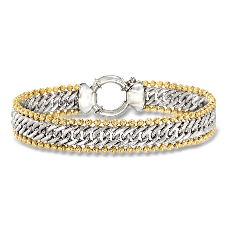Cuban-link bracelet with silver links, gold bead accents, and round toggle clasp