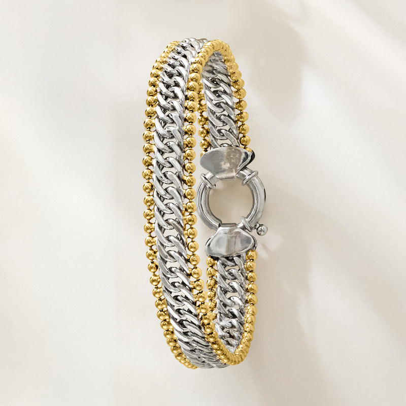 Silver and gold bead Cuban-link bracelet with open round toggle clasp detail
