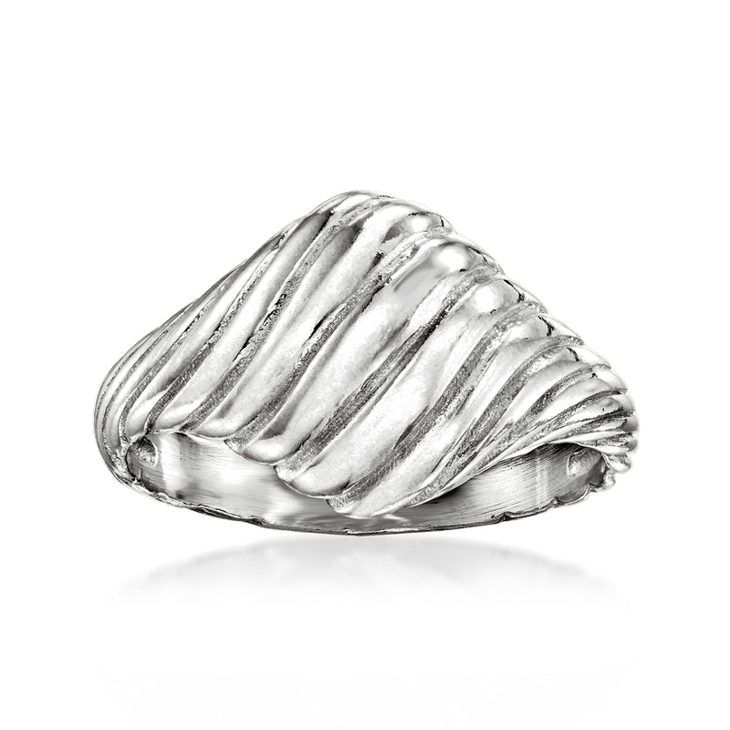 Sterling silver graduated shrimp ring with ribbed, scalloped shell texture