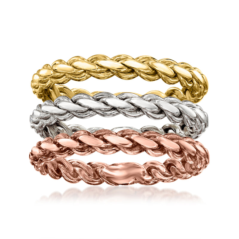 Tri-colored roped ring set with three stacked bands: gold, silver, and rose gold.