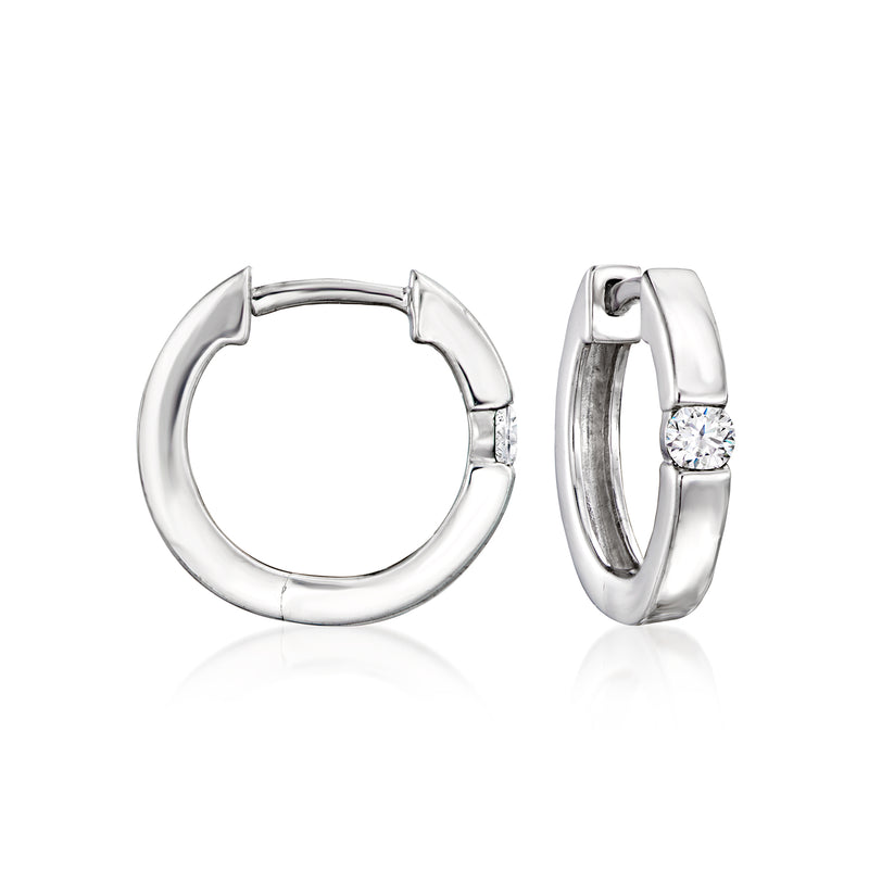 Sterling silver diamond hoop earrings, hinged round hoops with a small clear stone