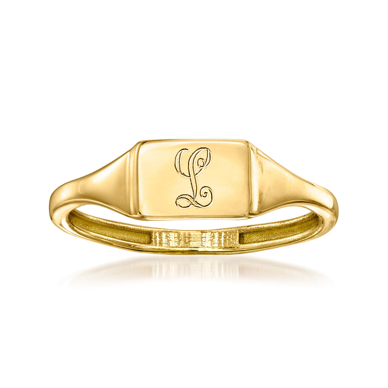 14kt yellow gold rectangular signet ring with engraved cursive monogram