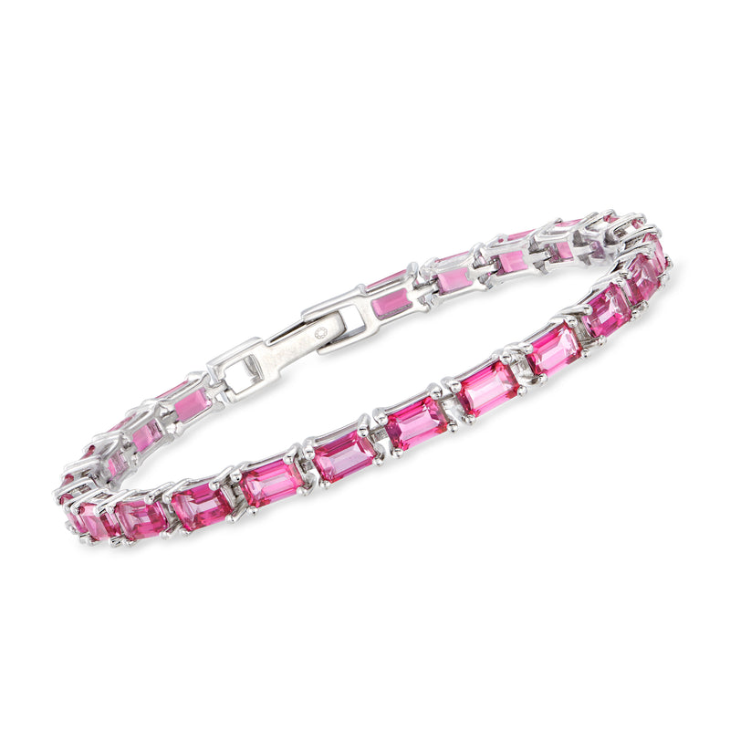 Pink topaz tennis bracelet in sterling silver with rectangular pink gemstone links