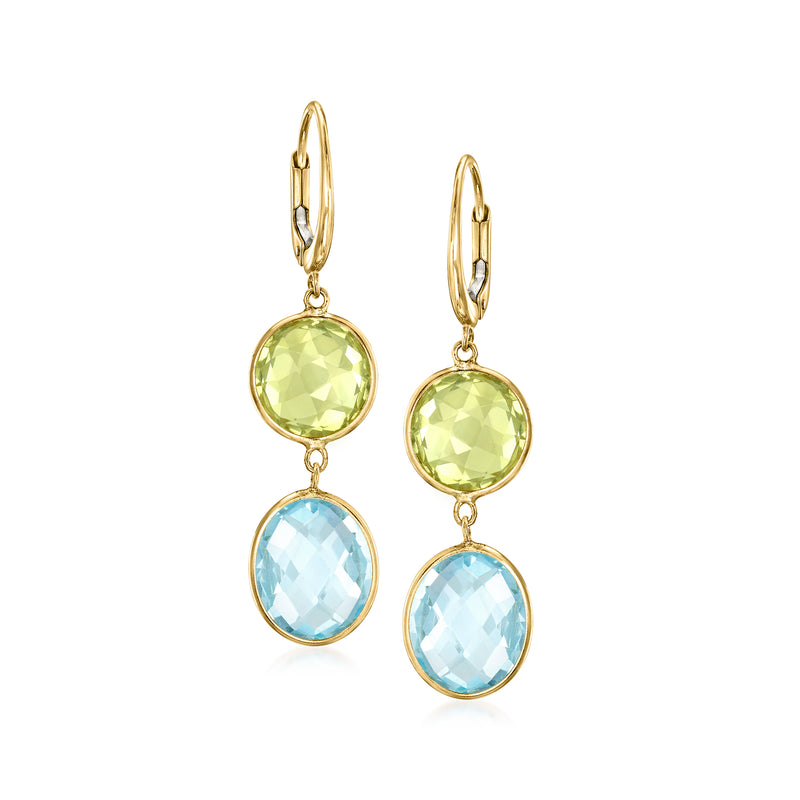 14kt yellow gold leverback drop earrings with green and sky blue faceted gemstones