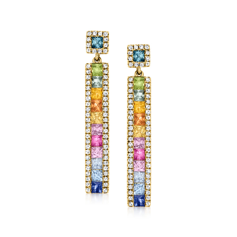 14kt yellow gold linear drop earrings with multicolor gemstones and diamond accents