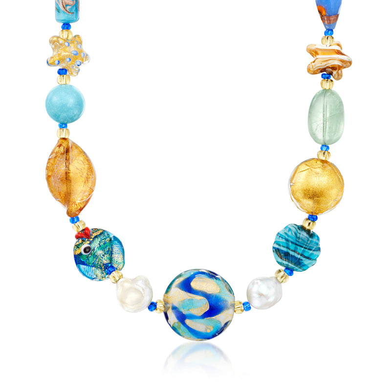 Sea life beaded necklace with multicolored Murano glass and cultured pearls, gold-tone links