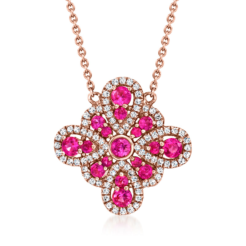 14kt rose gold flower pendant necklace with pink ruby center and diamond accents