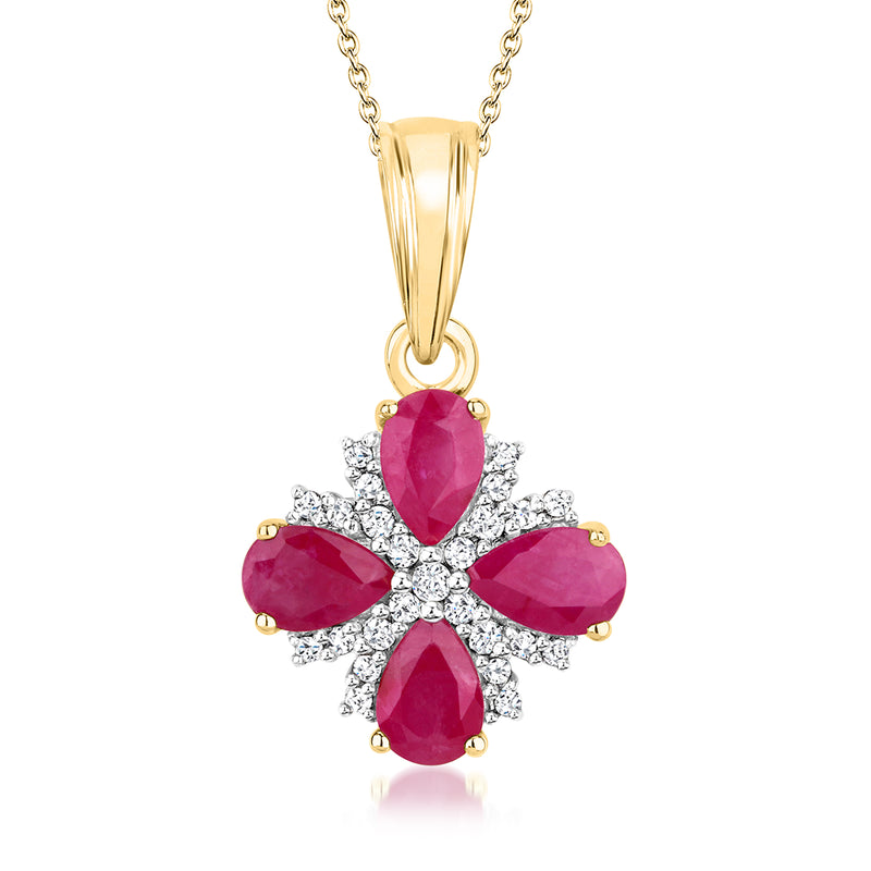 Gold-tone flower pendant necklace with red teardrop stones and sparkling clear accents