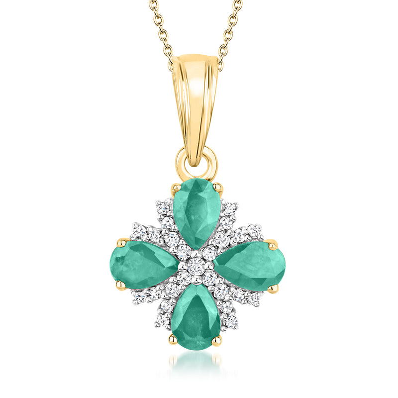Gold flower pendant necklace with emerald-green teardrop stones and white sparkle accents