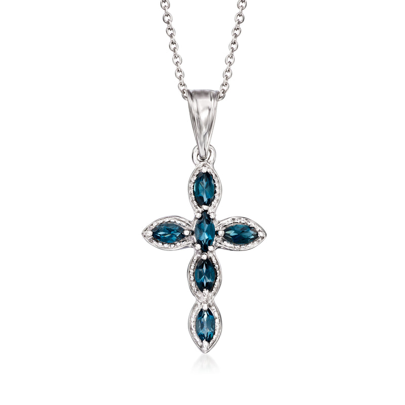 Sterling silver cross pendant necklace with blue teardrop gemstones