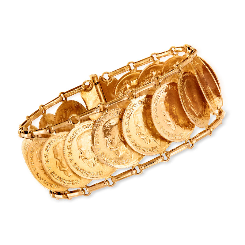 Gold coin bracelet with hinged links and engraved circular replica coins