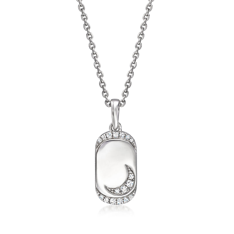 Sterling silver dog tag pendant necklace with diamond bezel crescent moon detail