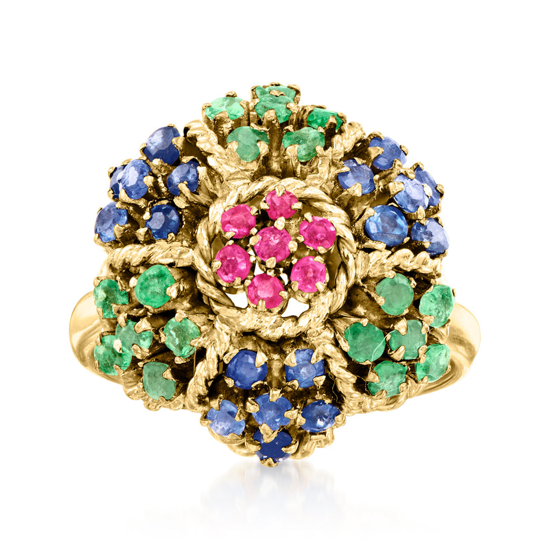18kt yellow gold flower ring with blue, green, and pink gemstones in clustered design